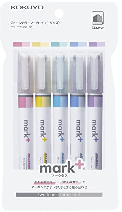 KOKUYO Mark+ PM-MT100-5S Textmarker in zwei Farben, 5er-Pack (Pink, Blau, Grün, Violett und Gelb)