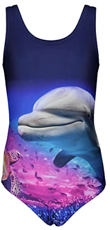 Aquarti Badeanzug Mädchen – Sportlicher Mädchen Badeanzug mit Ringerrücken Print, Farbe: Delphin/Dunkelblau/Rosa, Größe: 140