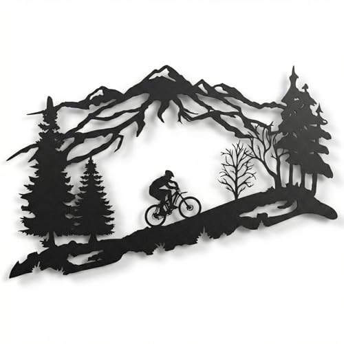DEKADRON Metall-Biker-Wandkunst, Bergbaum und Radfahrer, Wandkunst, Metall-Wanddekoration, Fahrrad-Liebhaber, Geschenk, Heimdekoration, Wandbehänge (60 x 38 cm)