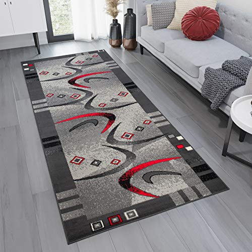 TAPISO Dream Läufer Flur Teppich Kurzflor Modern Brücke Grau Creme Rot Streifen Viereck Bumerang Muster Wohnzimmer ÖKOTEX 80 x 400 cm