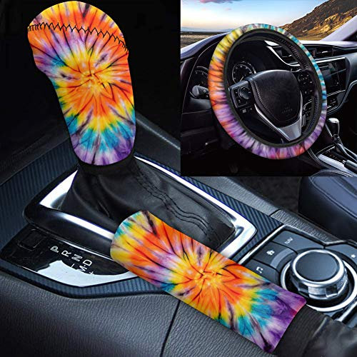 Showudesigns 38,1 cm Streering Radabdeckung Handbremse Abdeckung Tie Dye Regenbogen Druck Schaltsack Abdeckung für Frauen Auto Zubehör Allwetter rutschfest Auto-Dekoration