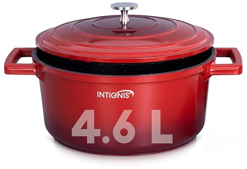 Non-Stick Casserole dishes with lids oven proof -24cm -4.6L Cast Aluminium oven dish, Stainless Steel Base- Induction - Lighter than cast Iron (RED)