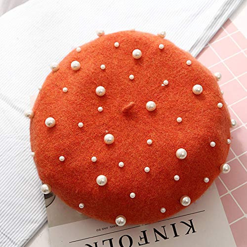 HAIBI Winter Mütze Frauen Winter Wolle Baskenmütze Luxus Perle Niete Vintage Kaschmir Weibliche Warme Vogue Baskenmütze Hüte Mädchen Flache Mütze Mütze Für Damen, Orange