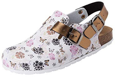 CLINIC DRESS Clog - Clogs Damen bunt weiß Motiv. Schuhe für Krankenschwestern, Ärzte oder Pflegekräfte weiß/Kupfer/Rose, Blumen und Schmetterlinge 38