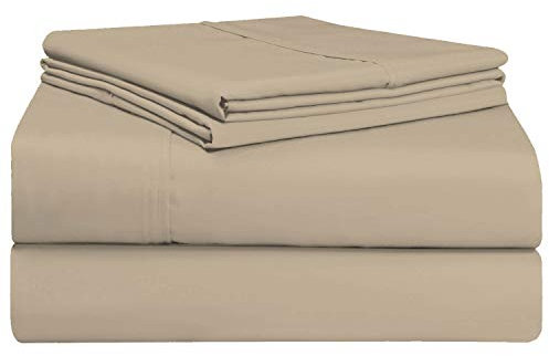 Pizuna Taupe Simple 100% Coton Parure de Lit 2 180x200 Personne avec Traversin, Satin de Coton Mercerisé 400 Fils 1 Drap Housse, 1 Drap Plat, 2 Taie Oreiller, 1 Traversin (Drap de Lit 2 Personnes)