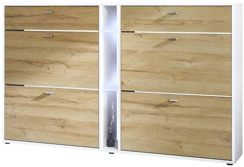 Vladon Schuhschrank Schuhkipper Today 155,5 x 95 x 28 cm, mit weißer LED Beleuchtung, Made in Germany, Korpus in Weiß matt, Fronten in Eiche Natur