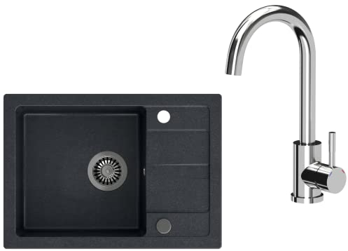 VBChome Spülbecken mit Armatur Schwarz 62 x 44 cm Granit Einzelbecken Einbauspüle Abtroffläche Gesprenkelt Reversibel Chrom Armatur Verbundspüle + Siphon