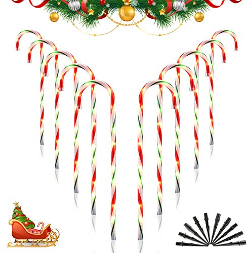66 cm Weihnachts-Zuckerstangen-Wegmarkierungen, Set mit 10 Stück, Weihnachtsdekorationen, Zuckerstangen-Lichter für Hof, Terrasse, Garten, Gehweg, Innendekoration, Landschaft, Urlaub, Rot und Grün
