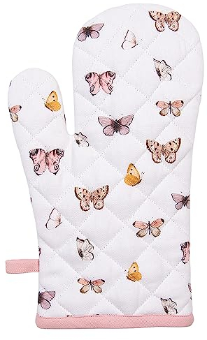 Clayre & Eef Ofenhandschuh 18x30 cm Beige Rosa Baumwolle Schmetterlinge Ofenhandschuh