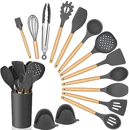 Homikit Küchenhelfer Set, 15 Stücks Kochutensilien Holz, Antihaftes Silikon Kochutensilien set mit Utensilienhalter, küchenutensilien, Hitzebeständiger, Leicht zu Reinigen, Grau