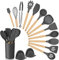 Homikit Küchenhelfer Set, 15 Stücks Kochutensilien Holz, Antihaftes Silikon Kochutensilien set mit Utensilienhalter, küchenutensilien, Hitzebeständiger, Leicht zu Reinigen, Grau