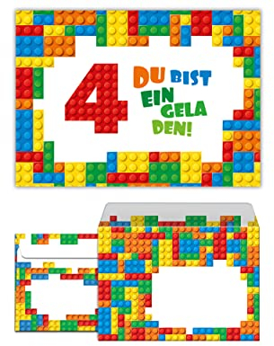 Junaversum 12 Einladungskarten incl. 12 Umschläge zum 4. Kindergeburtstag Einladung vierte Geburtstag Jungen Bausteine