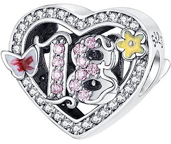 BEEUVIP Damen 18th Birthday Schmetterlinge und Blumen Charm Anhänger für Armband 925 Sterling Silber Geburtsstein Charms Beads passend für Armband