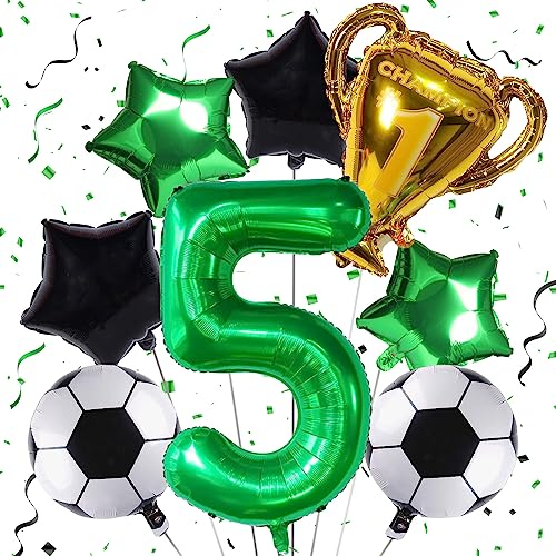 Football Balloons 5th Birthday Decoration for Boys, Kids Soccer Birthday Party Supplies with Championship Trophy Balloon, Number 5 Foil Black Green Sports Party Decor