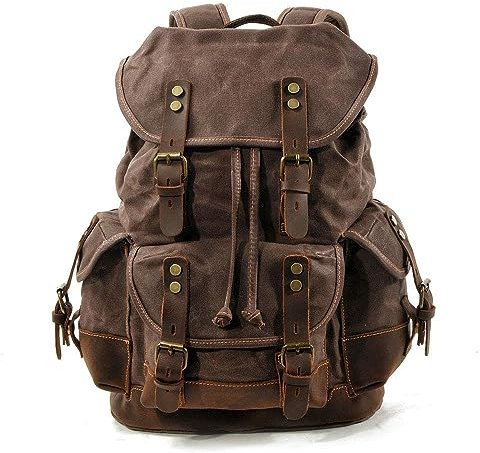 Mens Waxed Canvas Rucksack Leder Rucksack für Männer Wax Leather Rucksäcke Travel Vintage Bookbag mit Laptopfach Rustikal Large Waterproof,Braun