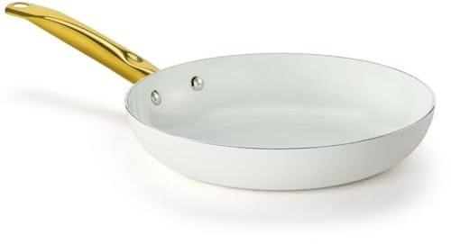 Holstein Housewares 8-Inch Ceramic Nonstick Frying Pan Skillet, Elegant White and Gold Color Handle - Golden Elegance for Every Kitchen