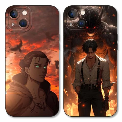 LYUBFDC 2 Stück Handyhülle für Apple iPhone 13 Hülle 6.1 Zoll, Anime Motiv Attack on Titan Eren Manga Muster Schutzhülle Jungs Case Schutz der Linse Design Silikon TPU Cover Stoßfest, Schwarz1