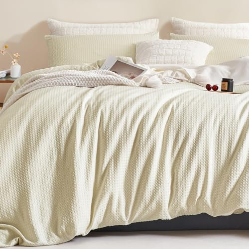 Sedefen Housse de Couette 200x200 cm Blanche + 2 Taies d'oreillers Gaufré Broderie Élégant Parure de Lit Adulte 2 Personnes à Carreaux Housse de Couette avec Fermeture Éclair