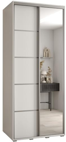 MEBLE KRYSPOL Davos 5 110 Schrank mit Zwei Schiebetüren für Schlafzimmer - Moderner Schrank mit Spiegel, Kleiderstange und Regalen - 235,2x110x60 cm - Weiß Weiß Silber