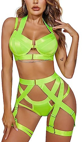 Avidlove Panties Damen Reizwäsche Sexy Nachtwäsche Verstellbar Beinbänder Push Up BH mit Bügel Curvy Dessous Neon Gelb S