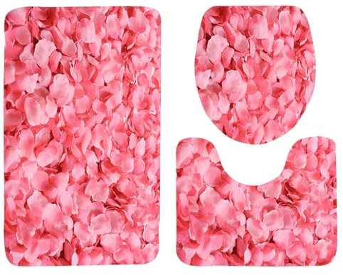 Valentines WC Sitzbezug und Teppich Set mit 3 Stück, rosa Rosenblüten Badezimmerteppich Set, Rutschfester Badteppich Valentine Geschenke für Frauen Personalisiert Geschenk Frauen