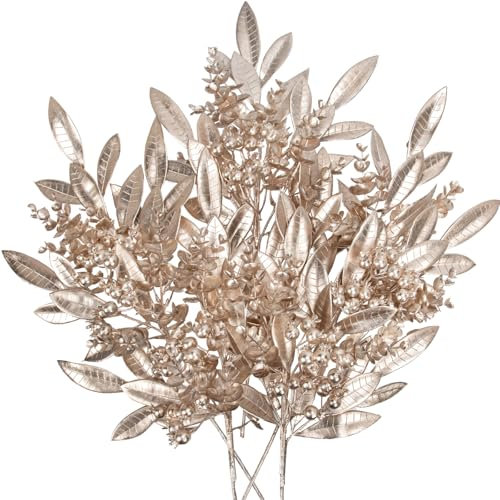 5 púas y aerosoles para árbol de Navidad, 50 cm, doradas, con hojas de laurel artificiales, tallo de eucalipto y bayas para rellenar el árbol de Navidad, ramas, coronas, centros de mesa, decoraciones