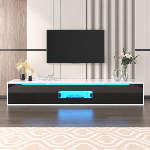 KOMHTOM Armoire TV en blanc brillant avec plateau de table couleur bois, buffet avec trois compartiments de rangement spacieux, armoire polyvalente pour salon et chambre à coucher (noir + blanc)