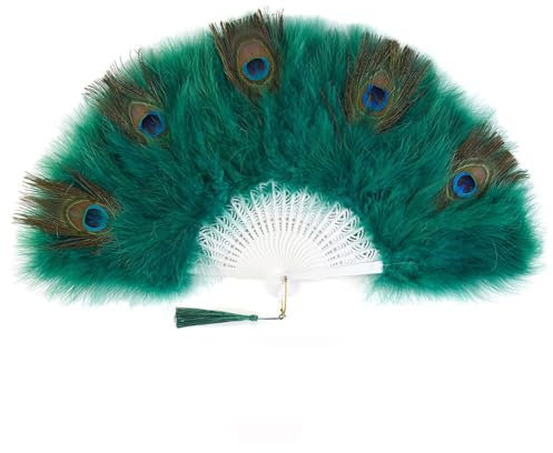 Wisafory Peacock Feather Fan Women's Hand Fan Retro Folding Fan 1920s Feather Fan Handheld Peacock Feather Fan Flapper Decoration Accessories for Wedding Gatsby Costume Dance Parties Green