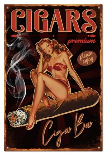 GLOBLELAND Vintage Pin Up Lady Metall Blechschild, 8x12 Zoll, Retro Zigarre, Lustiges Blech, Zimmertürschild, Höhlenschilder, Kunstplakette, Poster, Wanddekoration Für Zuhause, Bars, Cafés, Pubs
