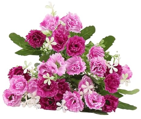 Lebensechte künstliche Blumen Nelke 25 Köpfe mit Blatt Gefälschte Pflanzen Blüte Seidenblume für Outdoor Hochzeit Zuhause Lila