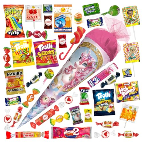 OYOY 35cm Schultüte gefüllt mit Süßigkeiten Mix I Roth Schultüte Einhorn Beauty I kleine Schultüte gefüllt I Geschwister Schultüte I Einschulung Geschenk