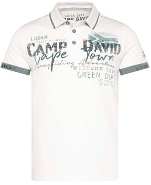 Camp David Herren Kurzarmpolo mit Flockprint und Tapes Ivory XXXL