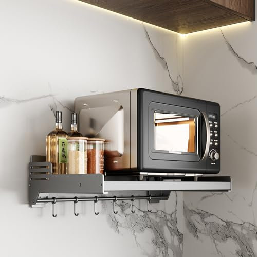 XGMZTN Soporte Microondas Pared, Estanteria Microondas Cocina, Estante para Microondas Acero, con 6 Ganchos, Gris