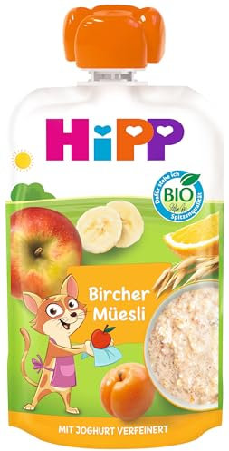 HiPP Bio Quetschie Bircher Müesli - Kathie Katze (6 x 100g), ab 1 Jahr, Früchte mit Vollkorn & Joghurt, ohne Zuckerzusatz, in bester Bio-Qualität