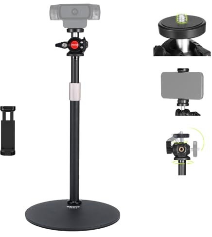OTREST Webcam Stand for Desk w/Phone Mount, 360° Ballhead, 1/4 Thread Compatible with Logitech BRIO C920, Height Adjustable Heavy Base Desktop Webcam Holder for Tiktok/Youtube Live Stream, DS012