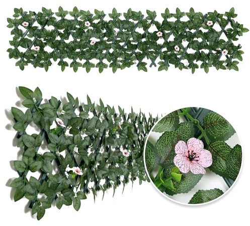 Expandable Garden Fence Screening Panels with Faux Ivy Privacy Screen - Pink Flower - 200x30cm