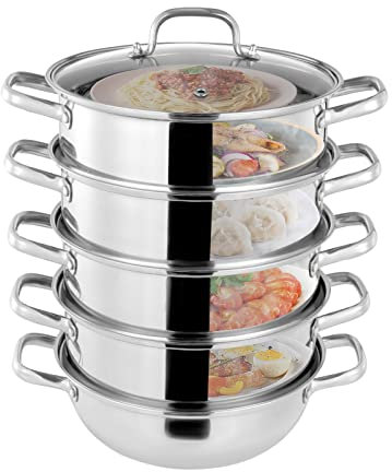 awolsrgiop 28cm Dampfkocher, 5 Etagen Dampfgarer Topf mit Glasabdeckung, Edelstahl Kartoffeldämpfer Dampfgarer Dampftopf Steamer Dicker Boden (Silber, 28cm /11 Zoll)