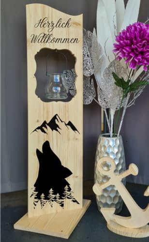 Holzaufsteller, Holz Deko Schild Holzschild Eingangsschild Wolf und Wald mit Windlicht aus Glas, Geschenk, Weihnachten, Geburtstag