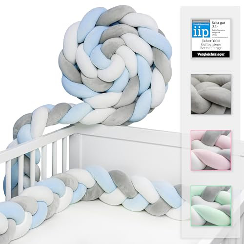 JAKOR® Yoki - Bettschlange in 2 oder 3 Meter - geprüfte ÖKO TEX Qualität - Bettschlange geflochten inkl. Wäschenetz - Babybettumrandung - Bettumrandung Babybett – 300x15x10cm (Blau/Weiß/Grau)