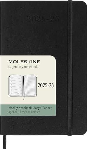 Moleskine Wochen-Notizkalender 2025-2026, 18-Monats-Wochenplaner mit Notizplatz, Weiche Einband und Gummiband, Taschenformat 9 x 14 cm, Schwarz