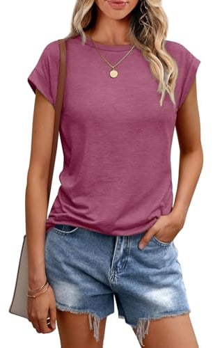 Cuptacc Camiseta de Mujer, Top de Verano Elegante con Cuello Redondo, Blusa Básica de Manga Corta, Outfit de Negocios