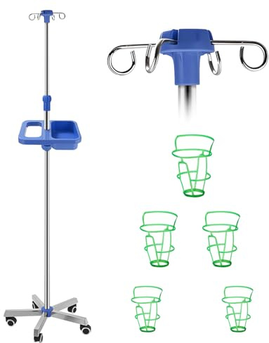 IV Drip Stand with 4 Hooks, Portable IV Pole Stand with Storage Tray & Handle & 5 Wheels & 5 IV Bag Holders, Adjustable Height, Stainless Steel Infusion Stand with for Clinic Hospital Home Care