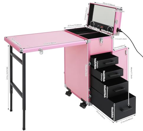 Chariot de manucure de table de maquillage cosmétique avec 4 tiroirs et 4 roues pliable portée 50 kg avec Bluetooth (rose)