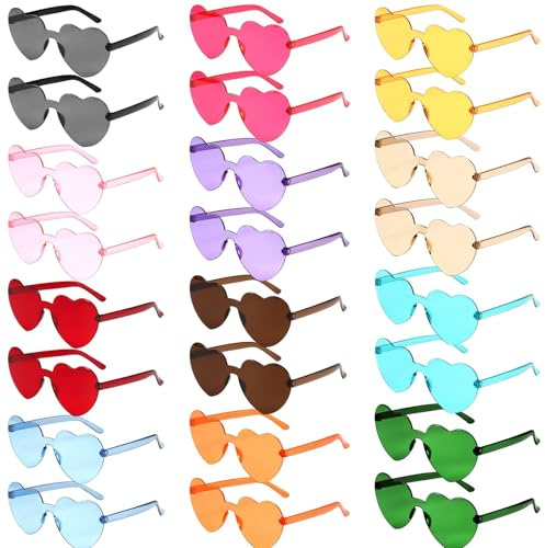 GOMETY 24 Stück Herz Sonnenbrille, Randlose Sonnenbrillen, Farbe Herz Brille,Transparente Bonbonfarbene Herzbrille, Herzförmige Partybrille, Herzbrille für Karneval Strandparty Weihnachten, 12 Farben