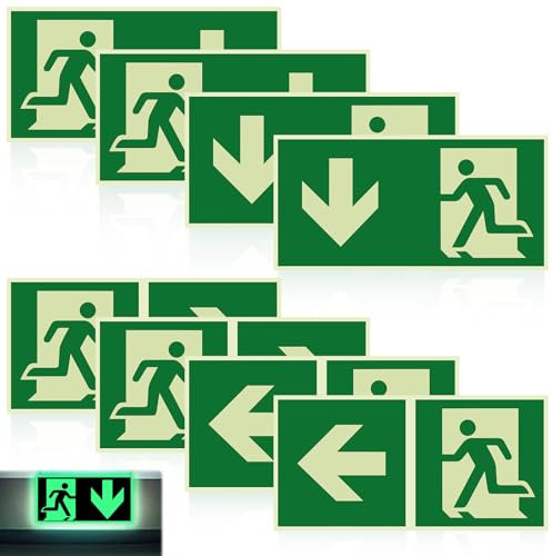 JNZLT® 8 STK Notausgangsschild, Nachleuchtend Schild Fluchtwegschilder PVC Selbstklebend 300 x 150mm Exit Schild mit Pfeil Rettungsweg Fluchtweg