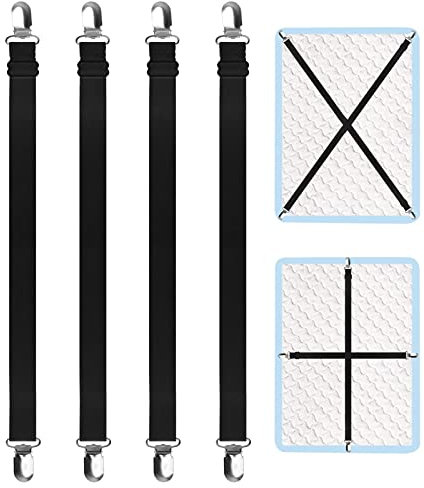 4 Stück Tischdeckenklammern Tischtuchhalter – Elastische Bettlakenhalter mit Metallclips – Für Spannbettlaken, Matratzen, Bügelbrett & Sofa – Schwarz, 2 Meter, Verstellbar