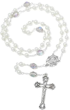 Calkkrer 6mm Weiße Glas-Perlen Rosenkranz mit Kreuz, Katholische Kette, Perfekt für Kommunion und Taufe, Rosenkranz in Samtbeutel