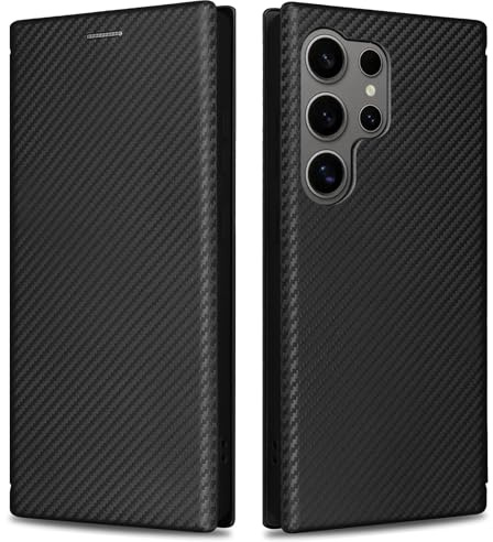 KOGENG Handyhülle für Samsung Galaxy S25 Ultra Hülle mit Wallet Kartenfach RFID-Blockierung, Carbon Fiber Textur Magnetisch Klapphülle Schutzhülle für Samsung S25 Ultra 5G Case Cover (Schwarz)