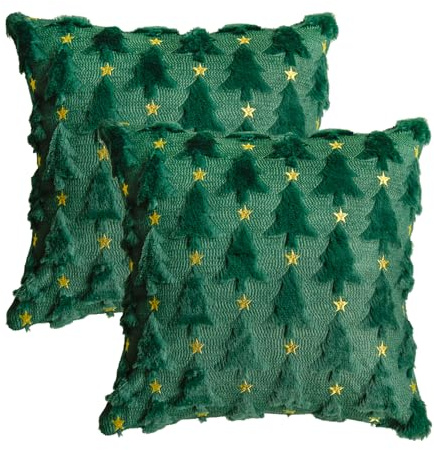 Artoid Mode Künstliche Pelz Grün Gold Kiefern Bäume Weihnachten Kissenbezüge 2er Set, 40x40 cm Winter Plüsch Samt Zierkissenbezug Schlafzimmer Deko