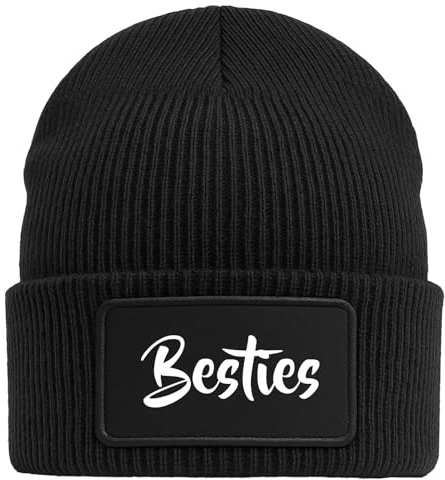 Huuraa Beanie Bestie Besty Geschenk | Black Geschenkidee Schwarze Rippstrick Wintermütze mit austauschbarem Klett Patch